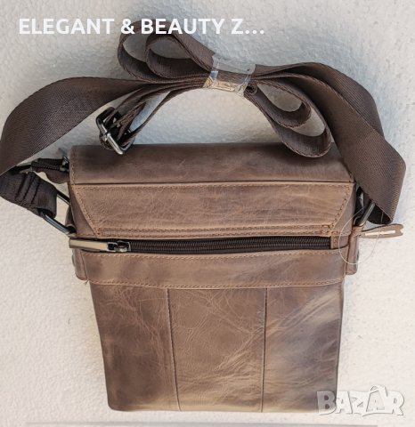 Мъжка  кафява кожена чанта с капак от телешки бокс черно, дъб  и  тик, снимка 12 - Чанти - 38999742