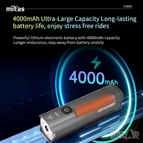 Предна SMART LED фар светлина за велосипед IGPSPORT VS1800, 800 lm, Bluetooth, USB-C, снимка 14 - Аксесоари за велосипеди - 54191380