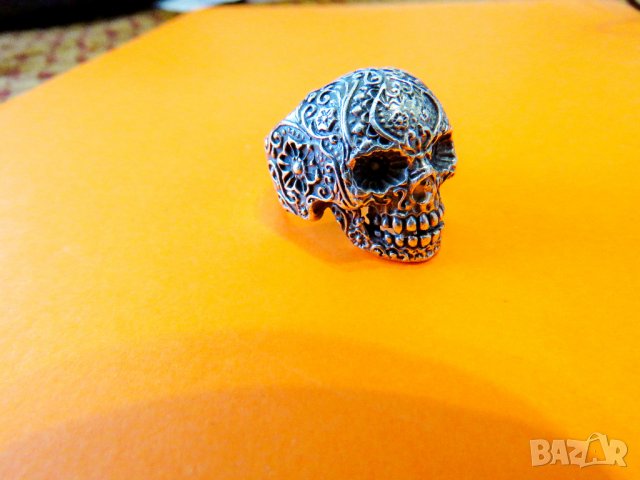 рокерски зверски солиден мъжки сребърен пръстен с Череп и цветя  за пичове и моторджий мото сребро