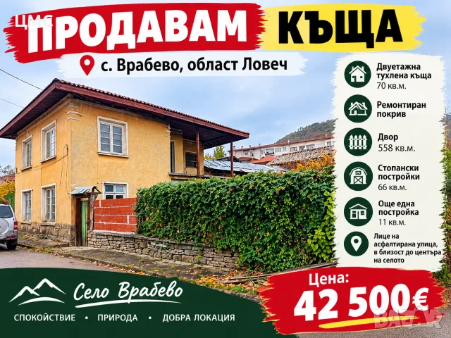 Продавам двуетажна тухлена къща в с. Врабево, област Ловеч