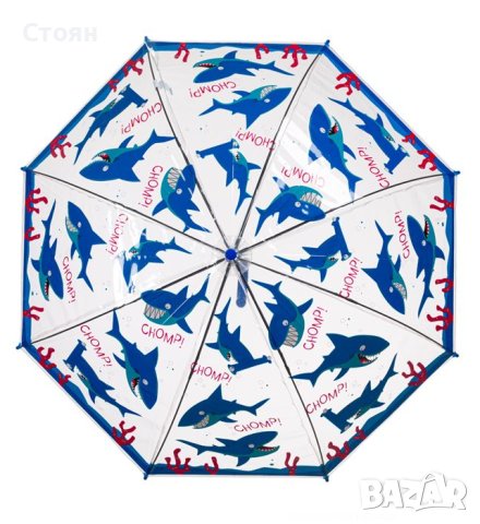 Чадър тип бастун за дъжд Автоматичен детски прозрачен Blue Sharks 66см