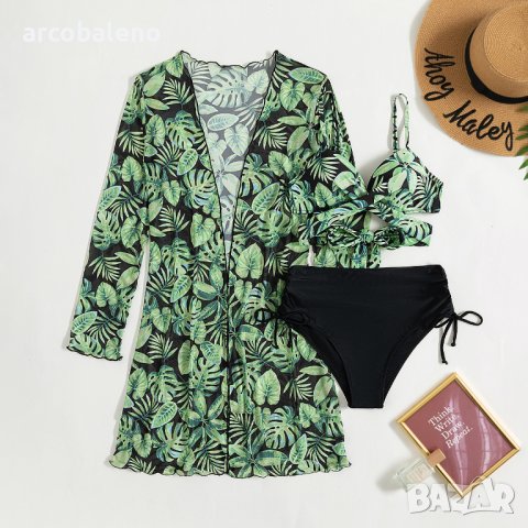 Дамски моден бански костюм от три части с тропически принт, снимка 2 - Бански костюми - 40550205