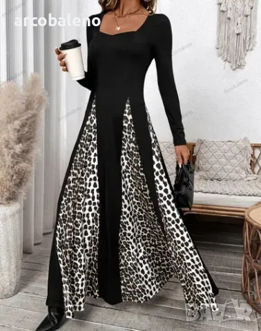 Широка дамска дълга ретро рокля с дълги ръкави и леопардови щампи, снимка 3 - Рокли - 48058756