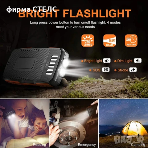  Преносима батерия STELS SolarPro 16K, PowerBank 16000mAh, соларен панел, LED фенер, снимка 10 - Външни батерии - 50564091
