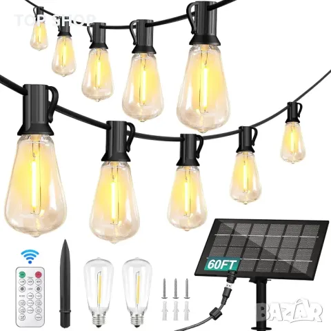 Външни соларни стрингови светлини, 18,3 м, 15+2 LED нечупливи крушки, дистанционно, USB конектор
