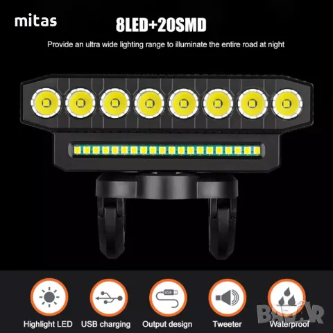 Ултра ярка 5 LED / 8 LED светлина за велосипед, Фар, Клаксон, Батерия, снимка 13 - Аксесоари за велосипеди - 47539794
