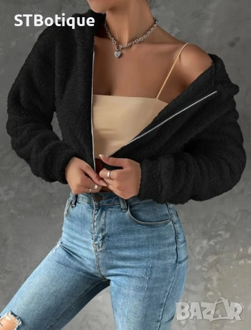 🧥 Черно/Бяло плюшено дамско палто с качулка – STBoutique, снимка 2 - Якета - 51938079