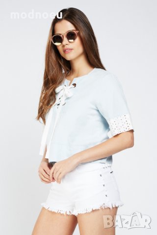 Нова къса блуза в синьо и дантела, снимка 3 - Тениски - 29566975