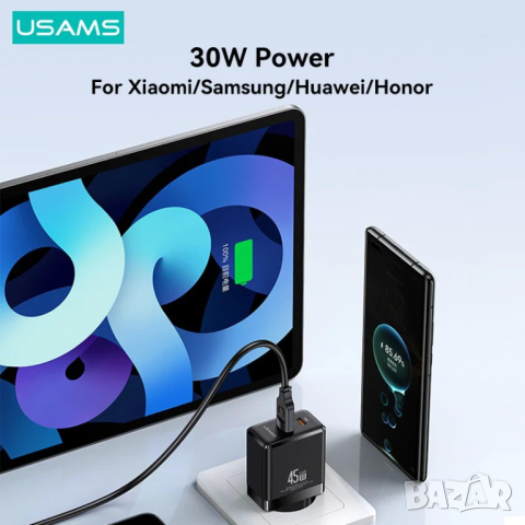 Бързо зарядно USAMS T58 GaN 45W Бяло, снимка 7 - Оригинални зарядни - 44513996