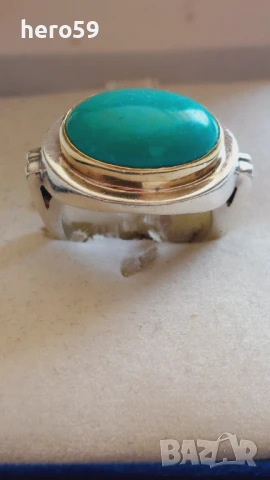 Дамски сребърен марков пръстен с инкрустиран тюркоаз обкован с 18 каратово злато , снимка 1