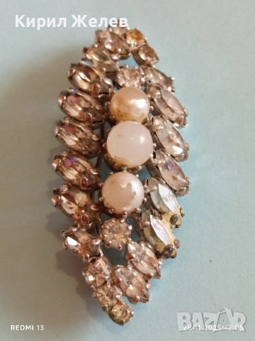 Винтидж Чешка брошка с кристали и перли 42385, снимка 5 - Антикварни и старинни предмети - 52571799