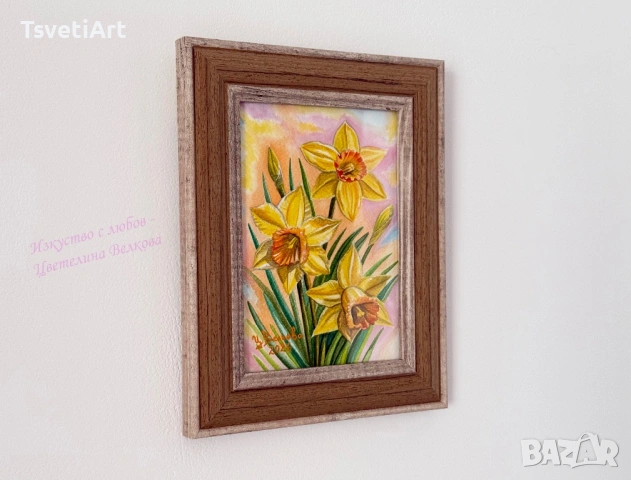 Оригинална картина – нарциси – акварел – идея за подарък, снимка 3 - Картини - 53889148