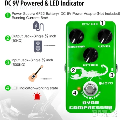  JOYO динамичен компресорен педал за електрическа китара и бас, снимка 6 - Китари - 53232228