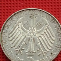 Сребърна монета 5 дойче марки 1969г. 150г. От рождението на Теодор Фонтани 39628, снимка 1 - Нумизматика и бонистика - 42756115