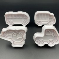 4 бр Автобус Самолет Камион пластмасови форми резци с бутало за сладки фондан бисквитки, снимка 1 - Форми - 31970107
