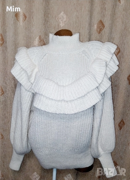 L Бяла плетена блуза с богати къдри, снимка 1