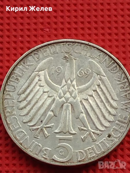 Сребърна монета 5 дойче марки 1969г. 150г. От рождението на Теодор Фонтани 39628, снимка 1