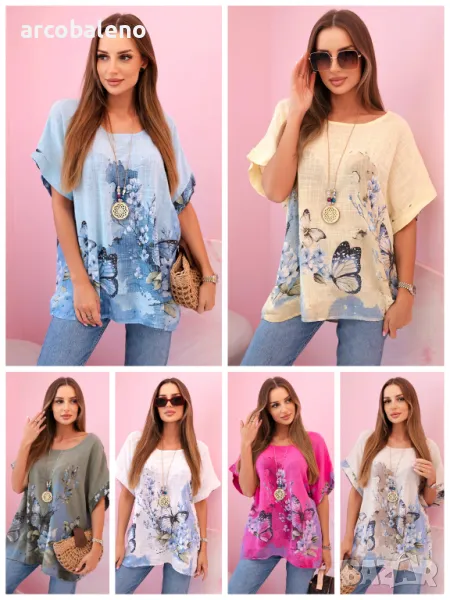 Дамска памучна риза с пеперуди и цветя, 6цвята , снимка 1