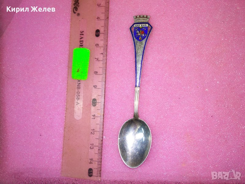 BAD EMS СТАРА НЕМСКА КОЛЕКЦИОНЕРСКА ЕМАЙЛИРАНА СРЕБЪРНА ЛЪЖИЧКА За КАФЕ СРЕБРО 800 RFK ПРОБА 42989, снимка 1