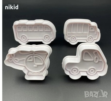 4 бр Автобус Самолет Камион пластмасови форми резци с бутало за сладки фондан бисквитки, снимка 1