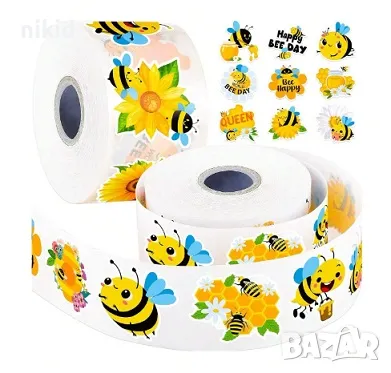 100 бр пчела пчели пчелички с цвете самозалепващи лепенки стикери за ръчна изработка за подарък, снимка 1
