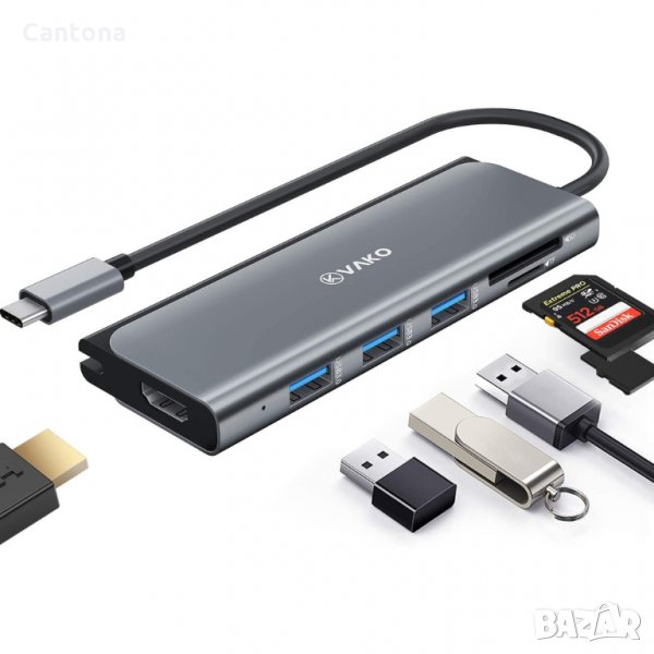 VAKO USB Type-C Hub Pro 6 в 1 (3xUSB 3.0/TF/SD четец на карти/HDMI порт) UCN 3307, снимка 1