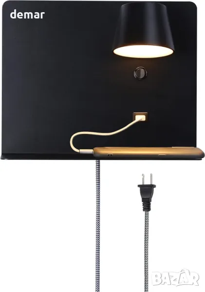SUNLLOK Модерна LED стенна лампа с USB порт и рафт, черна, снимка 1