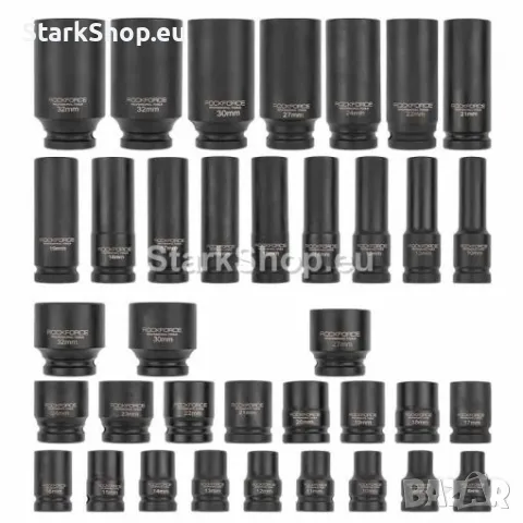 Професионален Комплект Ударни Вложки 1/2″ 35 Части ROCKFORCE от 6-32мм Средни и Дълбоки в Метален Ку, снимка 2 - Други инструменти - 50394614