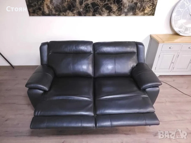 Черен кожен диван тройка с електрически релаксиращ механизъм, снимка 8 - Дивани и мека мебел - 51955181