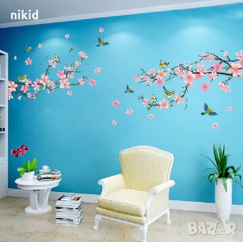 Птички на вишнев клон самозалепващ стикер лепенка за стена декор украса, снимка 2 - Други - 29550721