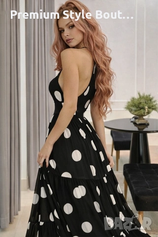 Дълга черна рокля на бели точки с халтер деколте и цепка – лятна дамска рокля, снимка 3 - Рокли - 53926867