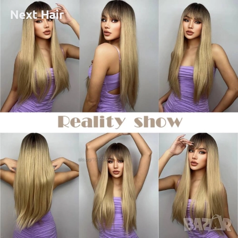 Стилна синтетична перука русо омбре с тъмни корени и бретон, 70 см, снимка 6 - Аксесоари за коса - 52900080