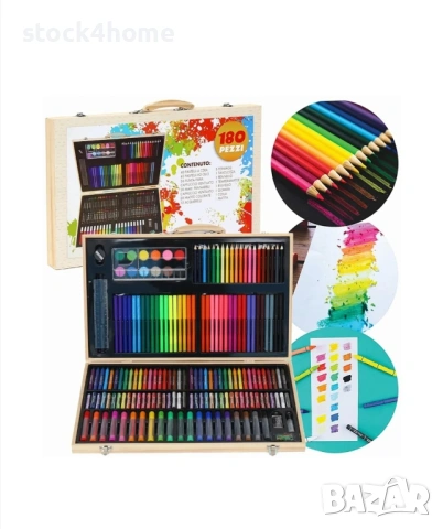 Комплект за рисуване и оцветяване за деца, 180 части, дървена кутия, 12 вида прибори, Ярки цветове, снимка 4 - Рисуване и оцветяване - 53900676