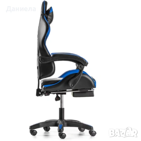 Геймърски стол с поставка за крака – черно-син, въртящ, с масажна функция и спортен дизайн, снимка 5 - Столове - 53237807