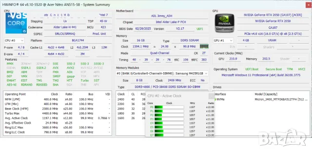 Acer Nitro 5 AN515-58/15.6"/i5-12450H/RTX 2050/16GB RAM/512GB SSD NVMe, снимка 8 - Лаптопи за игри - 50087969