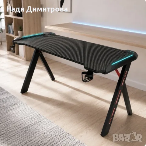 Геймърско бюро 120 см, черно - С поставка за чаша и слушалки, X-образни крака и LED светлини