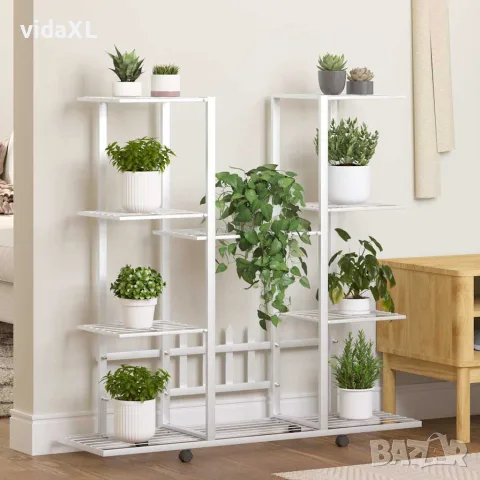 vidaXL Стойка за цветя на колела 94,5x24,5x91,5 см бяла желязо, снимка 2 - Саксии и кашпи - 56147162