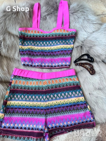 Цветен летен бохо комплект сет къси панталонки и топ потник плетен памучен