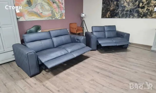 Сив кожен комплект дивани тройка и двойка с ел. релакс механизъм Mason, снимка 10 - Дивани и мека мебел - 47498842