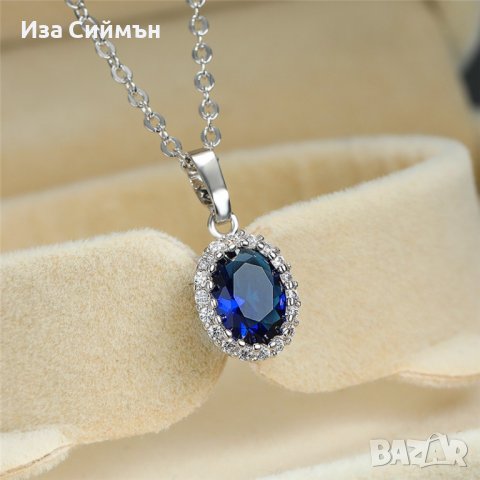 Колие Даяна от медицинска стомана и сапфир, снимка 2 - Пръстени - 38041825