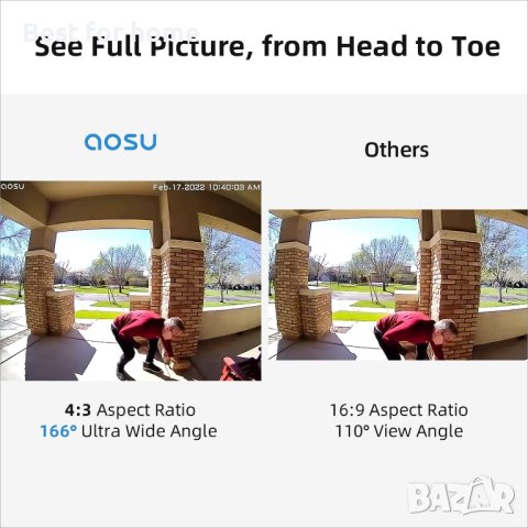 Безжична камера за звънец AOSU, захранван с батерии видео звънец със звънец, 2K резолюция,, снимка 4 - IP камери - 42660426