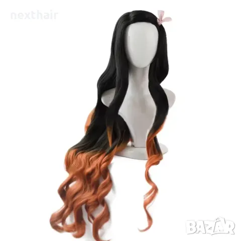 Аниме черна перука с кафяви краища Nezuko Kamado, снимка 6 - Аксесоари за коса - 48661344
