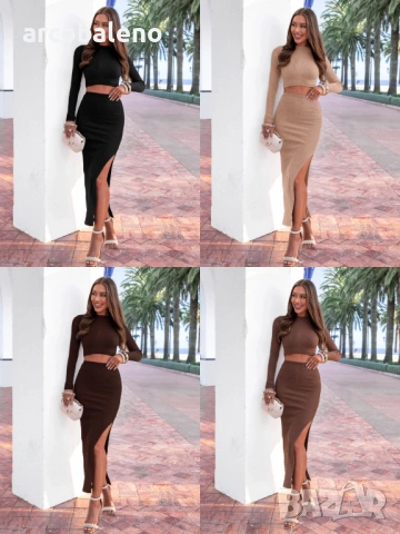 Дамски комплект от оребрен топ и пола с цепка Kasyleen, 4цвята 