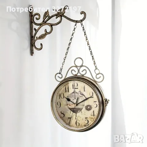 Винтидж двустранен безшумен стенен часовник+стойка за окачване,ковано желязо, снимка 2 - Стенни часовници - 49770467