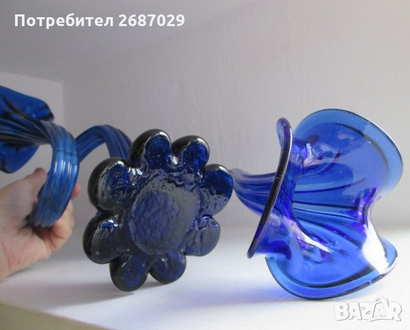 Високи  38 и 44 см  -  2 бр невероятни големи стъклени сини вази, снимка 5 - Вази - 30594521
