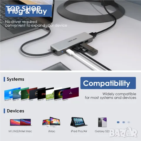 WAVLINK USB C 3.2 хъб HDMI, 10Gbps USB C към HDMI адаптер с 85W PD зареждане, 4K60Hz HDMI, снимка 6 - Кабели и адаптери - 49457526