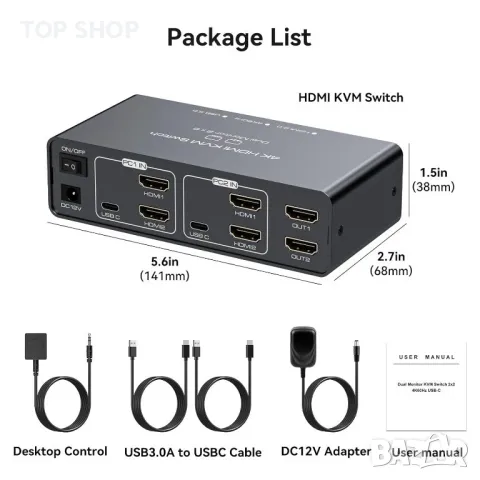 VEDINDUST KVM суич 2 монитора 2 компютъра 4K60HZ HDMI, 4 USB, настолен контролер, снимка 4 - Друга електроника - 49457602