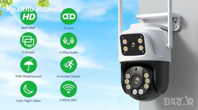 4MP или 8МР или 9МР охранителна двойна външна камера