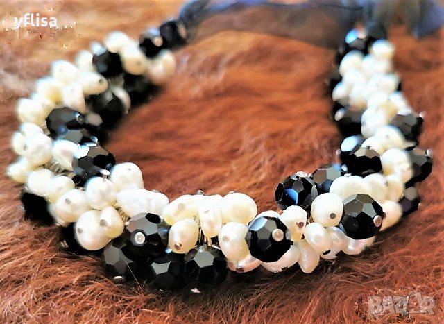  БЯЛО и ЧЕРНО, БУТИКОВО КОЛИЕ от ЕСТЕСТВЕНИ ПЕРЛИ, снимка 2 - Колиета, медальони, синджири - 20894412