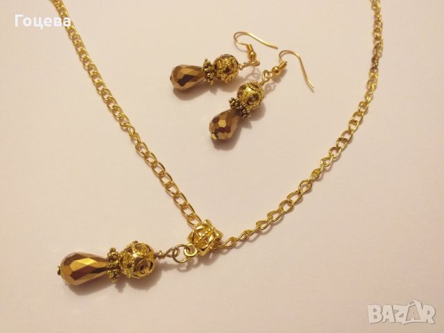 Разкошен комплект обеци и колие от златни кристали и златен полускъпоценен камък Хематит, снимка 6 - Бижутерийни комплекти - 29891606